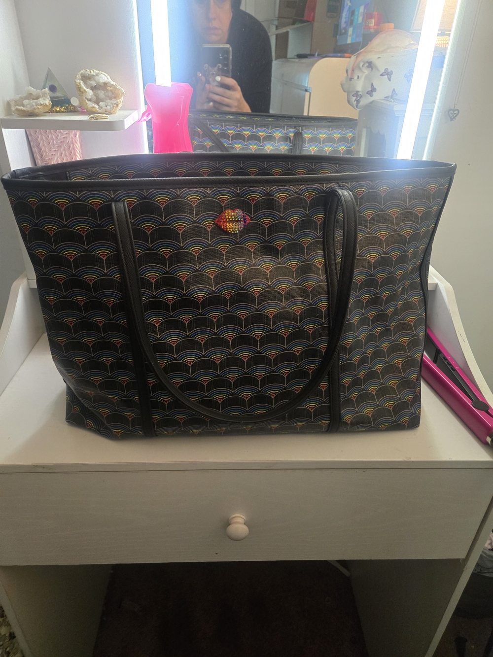 Betsey Johnson Black Tote with Rainbow Fan Pattern